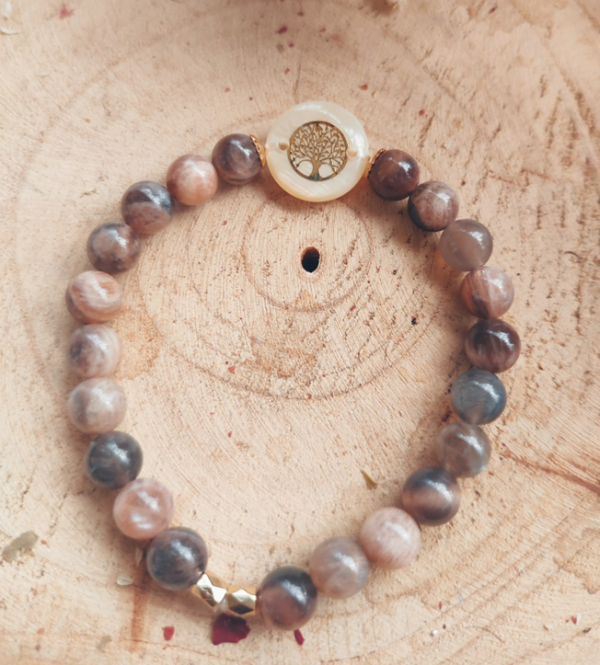 Bracelet en Pierre de lune noire, arbre de vie nacre
